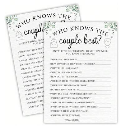 50pcs Bridal Shower Game Cards, Who Knows The Couple Best? Eucalyptus Leaf Themed Wedding Game, Suitable For 30 Guests, Applicable For Engagement Party And Wedding Events, Game Gifts And Supplies