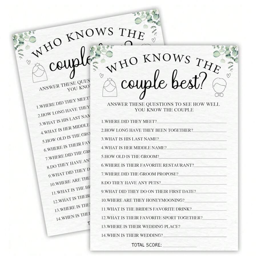 50pcs Bridal Shower Game Cards, Who Knows The Couple Best? Eucalyptus Leaf Themed Wedding Game, Suitable For 30 Guests, Applicable For Engagement Party And Wedding Events, Game Gifts And Supplies - View 1