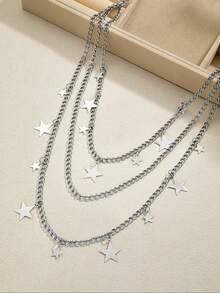 1pc Unisex Punk Style Metal Star Tassel Multi-Layer Waist Chain, Versatile Denim Jeans Accessory - Silver - View 3