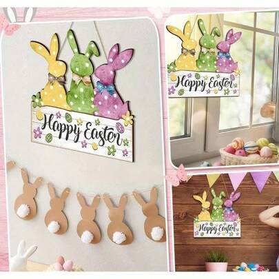 Colorful Rabbit Wooden Hanging Sign, Suitable For Easter Front Door Decor, Happy Easter Plaque With Colorful Spotted Rabbit Eggs Wall And Door Decoration, Suitable For Farmhouse Indoor Outdoor Use, With Jute Rope