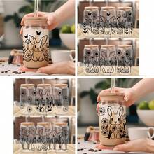 4张兔子和花朵图案的UV DTF转印贴纸，适用于16盎司Libbey玻璃杯（9.4x4.3英寸），可爱纯色花朵防水贴纸，无需加热 - 兔子花 - 查看 5