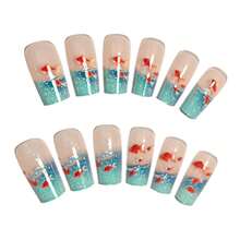 French Tip Press On Nails Medium Coffin Blue Fake Nails With Gold Fish Design Nude Pink Glue On Summer Stick Nails Full Cover Cute Acrylic False Nails Glossy Artificial Nails - 彩色 - 查看 5