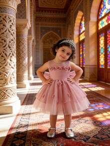 女童可爱大蝴蝶结薄纱公主裙，洗礼服，生日派对礼服，节日礼物 - 粉色 - 查看 7