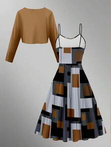 2pcs Women's Solid Color Long Sleeve Minimalist Jacket And Dress Set - Brown - View 3