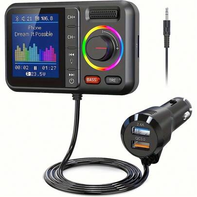 Smart Car Bluetooth FM Transmitter, High And Low Frequency Equalizer, Wireless Car Bluetooth V5.0 Adapter, With Large Color Screen, Supports QC3.0 Fast Charging Charger, Hands-Free Call, MP3 Music Player BASS&TRE Enhancer, TF Card AUX-KM28, Christmas, Halloween And Thanksgiving Gifts, Battery Not Included