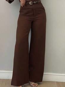 Women's Minimalist Design Flared Leg Casual Trousers, Suitable For Commuting, Office, Daily Wear, All Seasons - Brown - View 2