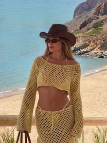 Yellow Hollow Out Boat Neck Knit Long Sleeve Cropped Shrug Top, Elegant Casual Beach Outfit Tie Waist Long Maxi Knit Skirt, Fashionable Comfortable Loose Vacation Set - 黃色 - 查看 3