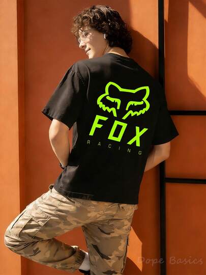 2026 Neon Green FOX Racing Double-Sided Graphic T Shirt For Men Clothes,Retro Off-Road Style,100%Cotton,Mens Holiday Clothes, T Shirts For Men,Loose Tops,Comfortable And Breathable,Versatile,Innerwear Or Outfits,Sports, Streetwear,For Hip-Hop Casual Outfit,Gifts For Men