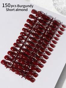 150片（5张）酒红色杏仁形美甲贴片，旨在打造完美指甲造型。采用优质亚克力材料制成，中等长度，粘合力强，贴合度高。每套包含1张胶水贴片和1个指甲锉。适合女士和女孩日常佩戴、工作、派对及各种场合。 - 酒紅色 - 查看 2