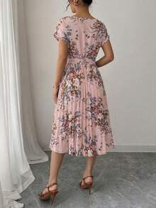 Summer Boho Floral Tiered Dress Women's Short Sleeve Crewneck Tie Front Pleated Flounce Hem Maxi Beach Vacation Dress - Hồng - Xem 6