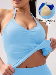 Women's Yoga Sports Bra Sleeveless Cropped Activewear Top, Elastic Fitness Workout Top, Breathable - Baby Blue - Xem 4