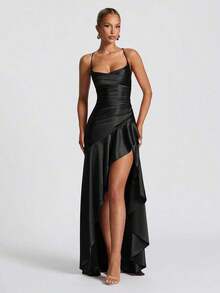 Women's Solid Color Spaghetti Strap Sexy Tie-Up Ruffle Hem Slit Dress - Black - View 2