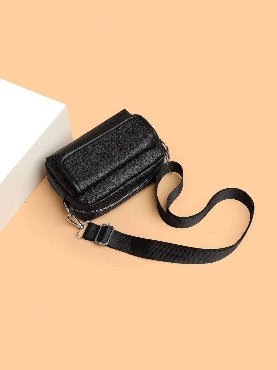 2pcs Embroidered Strap Men's Sling Bag & Mini Keychain Pouch Set, - Black - View 1