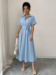 Summer Short Sleeve Shirt Dress Women's Notch Lapel Tie Front Relaxed Fit Solid Flounce Hem Casual Midi - 淺藍色 - 查看 3