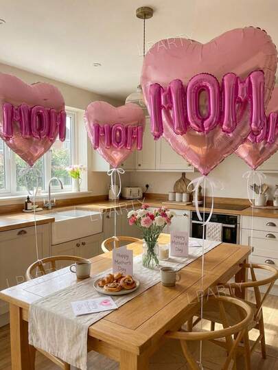 4pcs/Set Mother's Day Party Decorations, 32-Inch Giant Pink Heart Foil Balloon, 16-Inch Magenta "MOM" Letter Balloons, Suitable For Mom's Birthday, Wife's Birthday, Wife Surprise Decorations