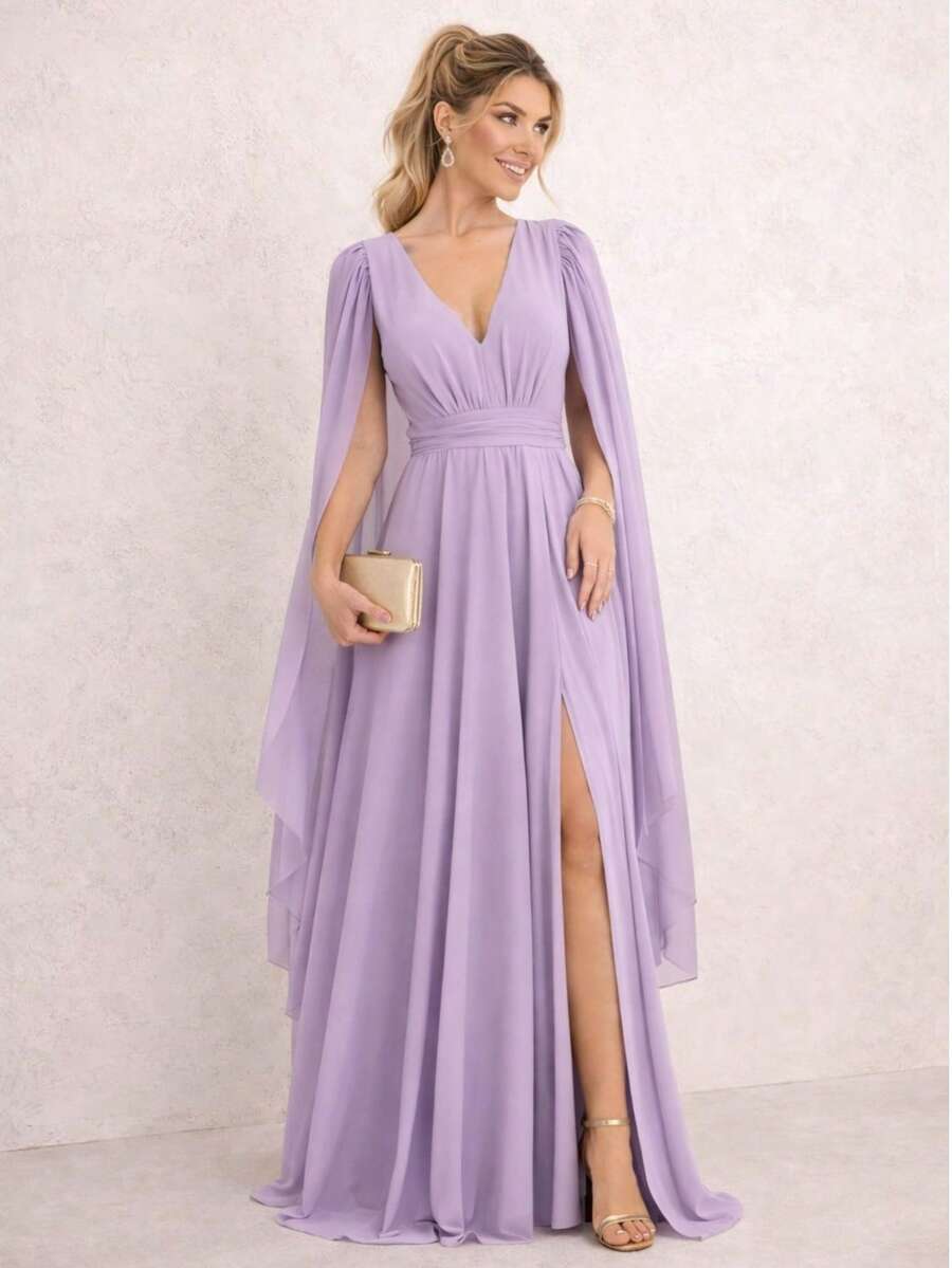 Long Bridesmaid Dress With Cape Sleeves, Party Guests, Terracotta, Marsala, Mint Green, Serenity Or Navy Blue - 紫丁香色 - 查看 1