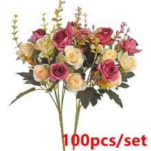 2 piezas/1 pieza Ramo de rosas azules artificiales de 13 pulgadas con hojas de eucalipto, decoración de otoño, flores falsas, relleno de jarrón, decoración de boda en el hogar, jardín al aire libre, corona DIY para sala de estar, suministros para el hogar - Color de pasta de frijol - Ver 8