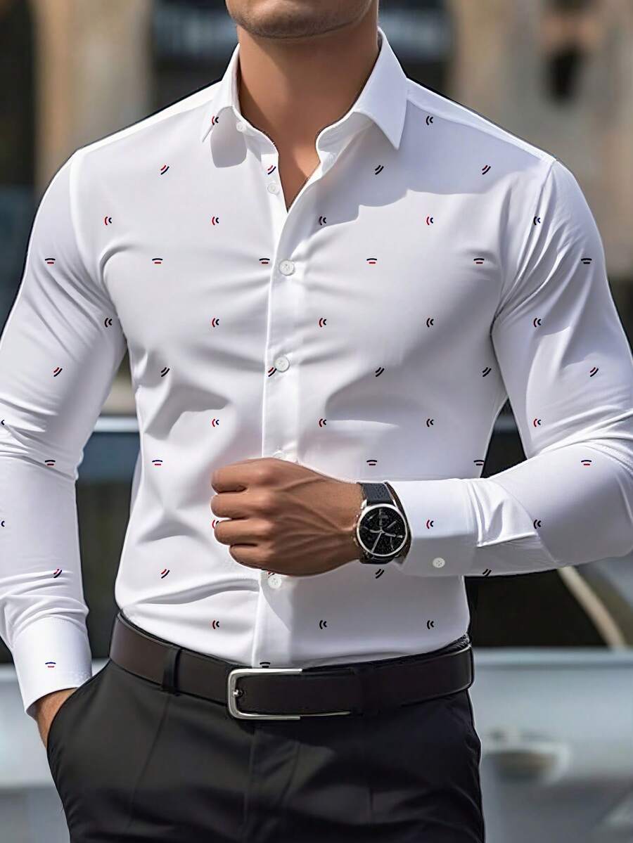 Áo sơ mi nam màu trắng công sở năm 2026 với họa tiết trang nhã, thiết kế ôm dáng, được làm từ sợi polyester chất lượng cao, phù hợp cho công sở và các dịp cưới hỏi.