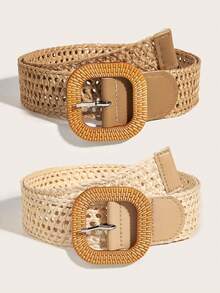 2pcs Boho Hollow Woven Women's Belt Set, Beige And Khaki Mesh Belt Combination, Suitable For Dresses, Casual Wear, Beach Parties, Vacations, Gatherings, Festivals, Music Events, Summer - A - View 2