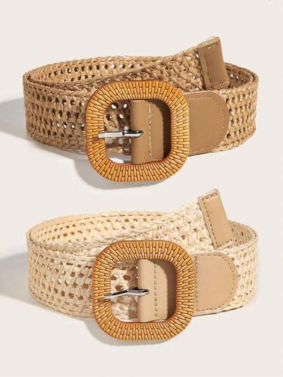 2pcs Boho Hollow Woven Women's Belt Set, Beige And Khaki Mesh Belt Combination, Suitable For Dresses, Casual Wear, Beach Parties, Vacations, Gatherings, Festivals, Music Events, Summer