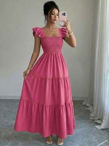 Summer Square Neck Backless Smocked Dress Women's Sleeveless Ruffle Trim Tiered Cami Midi Beach Vacation Dress - 玫紅色 - 查看 3