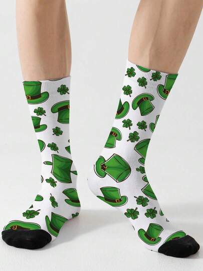 1 par de calcetines impresos 360 con trébol de cuatro hojas, gorro verde, calcetines hasta el tobillo, calcetines hasta el tobillo con elemento irlandés de la suerte, calcetines personalizados para hombres, calcetines llamativos para fiestas festivas, cómodos y transpirables, artículo imprescindible para atuendos festivos