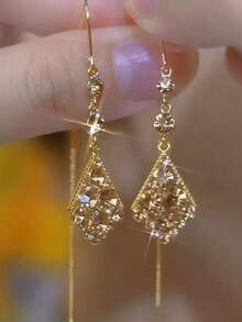 一对镶钻菱形长流苏耳环，新款独特设计，女士耳环，显瘦脸型 - 彩色 - 查看 7