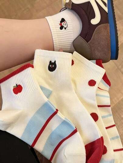 Conjunto de 10 meias femininas finas e fofas, estilo coreano INS, com estampa de desenho animado em tela, ideais para meninas na primavera/verão.