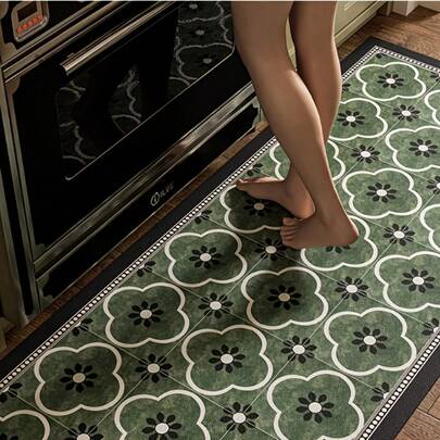 1pc Green Geometric Floral Pattern Kitchen Rug, Modern Minimalist Kitchen Mat, Ins Style Carpet, Kitchen Rug, Doormat, Small Rug, Carpet, Runner Rug, Floor Mat, Home Decor, Area Rug, Outdoor Mat, Bedroom Rug, Washable, Absorbent Carpet