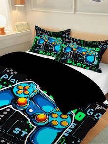 2/3件套儿童家用纺织床上用品酷炫游戏机图案被套套装，涤纶材质，双人床大号数码印花柔软双面被套套装，儿童礼物，青少年男孩女孩房间装饰，四季通用，带拉链 - 彩色 - 查看 3