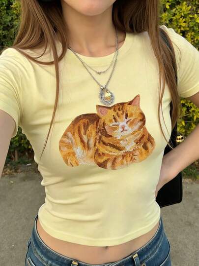 Summer New Simple Fashionable Charming Mini Yellow Cat Print Casual Round Neck Short Sleeve Waist T-Shirt, Versatile And Suitable For Women
