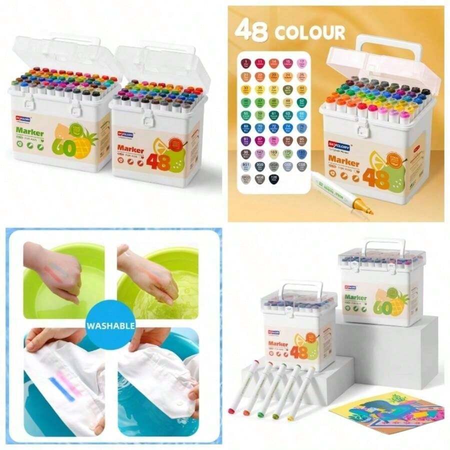 48 Colours Washable - Based Ink Marker Set, Dual Tip Colouring Marker Pens, Art Beginners Felt Tip Painting Pens Drawing Journaling Lettering 48 - 48 - View 1