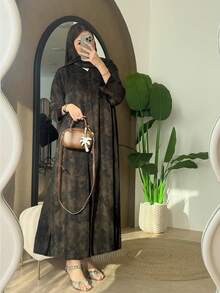 1件女士优雅宽松印花长袖阿巴雅长袍，配头巾，阿拉伯时尚开斋节 - 淺咖色 - 查看 1