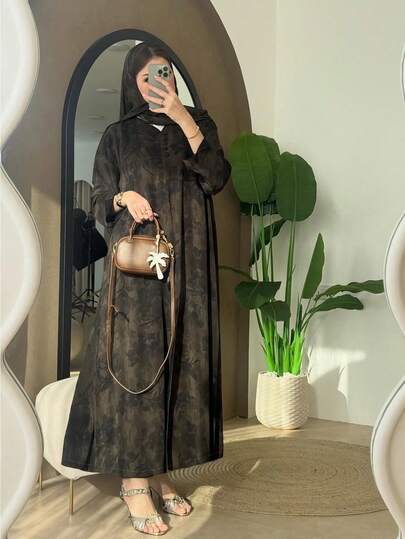 1pc Women's Elegant Loose Floral Print Long Sleeve Abaya With Headscarf, Arabic Fashion