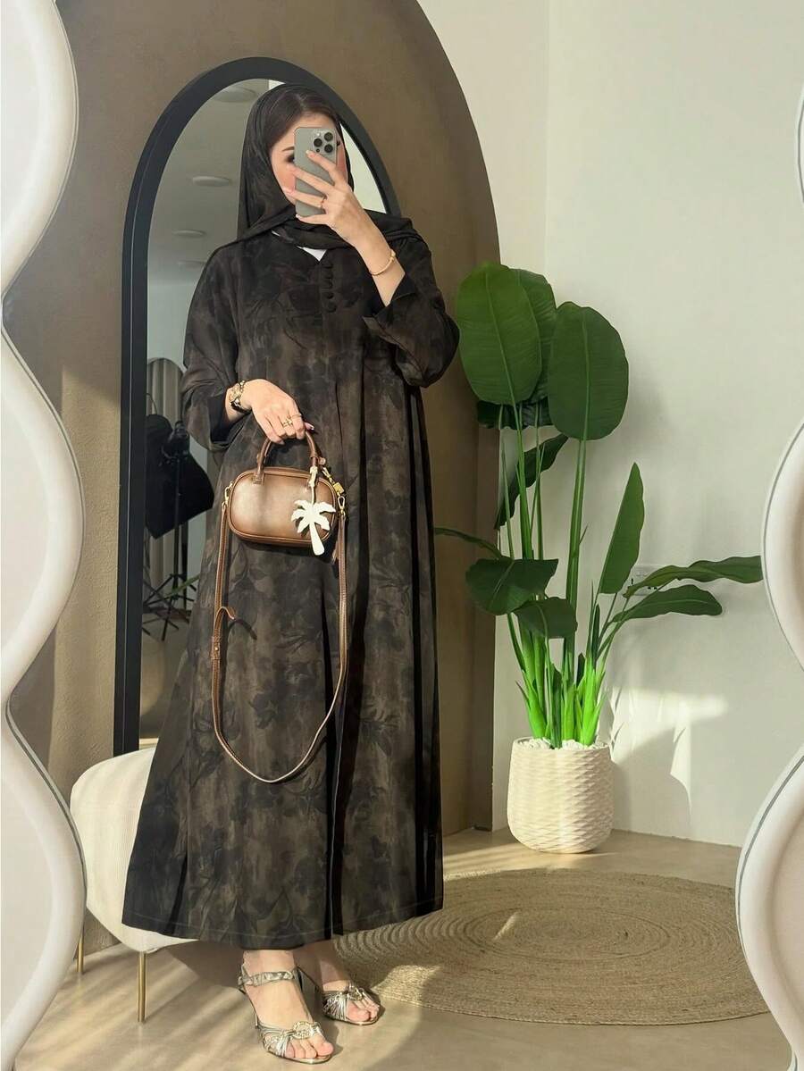 1件女士优雅宽松印花长袖阿巴雅长袍，配头巾，阿拉伯时尚开斋节 - 淺咖色 - 查看 1