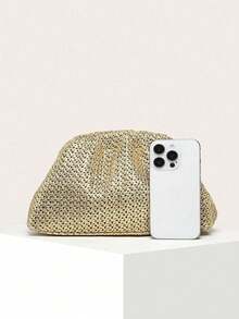 Bolso de mano de paja para mujer, de unicolor, de gran capacidad, con estilo clásico retro, adecuado para vacaciones y viajes - Dorado - Ver 3