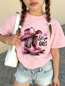 Tween Girls' Casual Graphic Print Crew Neck Short Sleeve T-Shirt, Summer Top - Pink - View 2