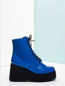 Women's Blue Patent Leather Platform Combat Boots - Lace-Up Wedge Heels With Side Zip Closure Y2K Goth Punk Style - 藍色 - 查看 3