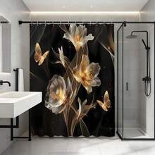 "Luxury Black Gold Butterfly Floral Shower Curtain, Glittering Crystal Butterfly With Golden Flower Pattern On Black Background Waterproof Polyester Curtain With 12 Hooks, Glamorous Gothic Bathroom Decor, High-End Home Restroom Decoration Gift For Women" - Black Gold - View 10
