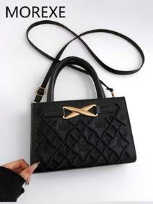 Bolso de mano de moda para mujer, bolso cuadrado pequeño, bolso mini con patrón de rombo bordado en metal de moda, bolso versátil de hombro y bandolera - Negro - Ver 1