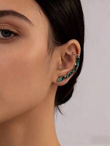 1pc Women's Elegant Retro Ear Cuff Earrings, Asymmetrical Oval Green Inlaid Design, Suitable For Daily Wear And Parties - Golden Yellow+Green - View 3