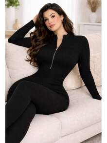 Women's High Neck Jumpsuit, In Premium 3D Rib. Full-Bodied. Virginia, Front Zipper. ZERO TRANSPARENCY. Long Sleeve. - 黑色的 - 查看 7