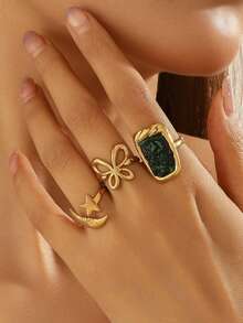 3pcs Set 18K Gold Plated Moon, Star, Cross & Geometric Open Rings, Suitable For Women's Daily Wear, Jewelry Gift - Gold - View 8