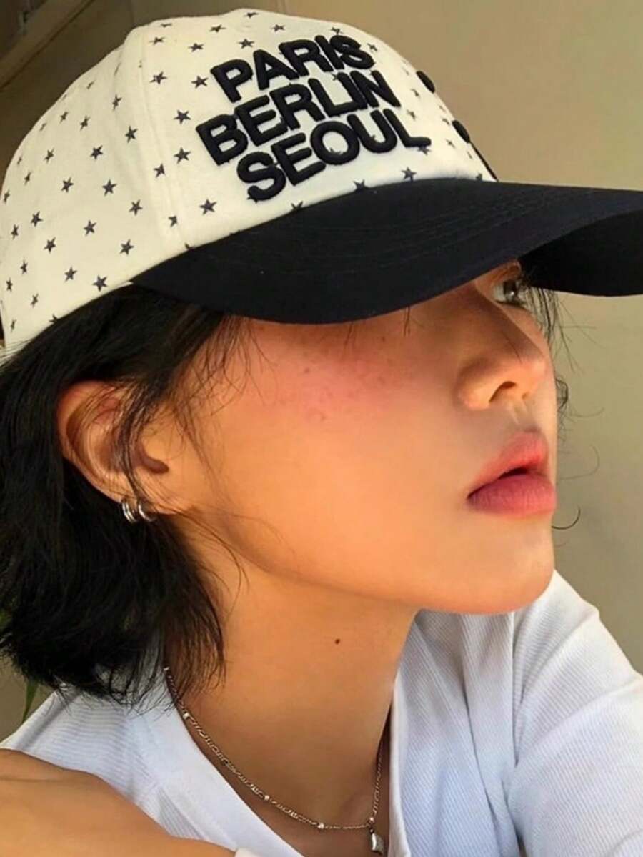 1顶女士时尚休闲黑白波点字母星形刺绣棒球帽 - 复古可拆卸设计，春夏百搭遮阳帽，适合所有脸型 - 黑白款 - 查看 1