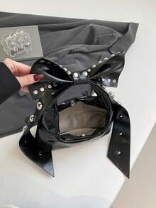 Black Retro Studs Bowknot Decoration Soft Leather Shoulder Bag, Large Capacity 2-In-1 Crescent Bag, Suitable For Work, Casual, Travel, Shopping, Dating, Gift For Young Women, College Students, Office Ladies - 黑色 - 查看 9
