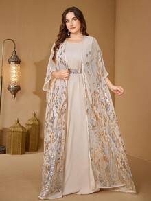 SUPGIR فستان عباية فضفاض مع أكمام خفافيش مرصع بالترتر للنساء كبيرات الحجم، وفستان بدون أكمام، ملابس رسمية أنيقة للربيع - لون شمبانيي - مشاهدة 3