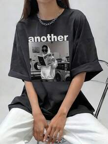 日系女式宽松圆领短袖字母印花T恤，春夏款 - 深灰色 - 查看 1