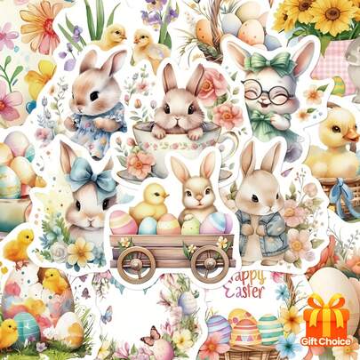 50pcs Easter Sticker Set - Cute Rabbit, Chick And Egg Patterns With "Happy Easter" Text - Self-Adhesive PVC Material Stickers, Suitable For Phone Cases, Refrigerators, Skateboards, Tablets, Guitars - Holiday Decor And Gift Packaging