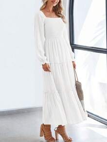 Women Elegant  Maxi Dresses For Fall Boho Long Sleeve Smocked A Line Ruffle  Wedding Guest Holiday Party Long Dress With Pockets New Years Valentine Vacation Spring Dresses For Women Vestidos Elegantes De Mujer - 白色 - 查看 2