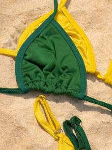 Women's Green And Yellow Brazil String Bikini, 2 Pieces, Tan Line Detail, One Size - Yellow - View 3